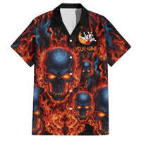 Custom Flaming Skull Bowling Family Matching Long Sleeve Bodycon Dress and Hawaiian Shirt with Fiery Pins and Intense Red Blue Flame Pattern - Wonder Print Shop