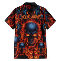 Custom Flaming Skull Bowling Family Matching Long Sleeve Bodycon Dress and Hawaiian Shirt with Fiery Pins and Intense Red Blue Flame Pattern - Wonder Print Shop