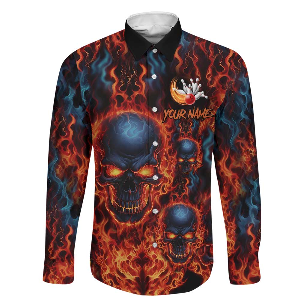 Custom Flaming Skull Bowling Family Matching Long Sleeve Bodycon Dress and Hawaiian Shirt with Fiery Pins and Intense Red Blue Flame Pattern - Wonder Print Shop