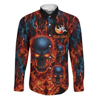 Custom Flaming Skull Bowling Family Matching Long Sleeve Bodycon Dress and Hawaiian Shirt with Fiery Pins and Intense Red Blue Flame Pattern - Wonder Print Shop