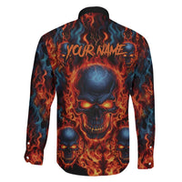 Custom Flaming Skull Bowling Family Matching Long Sleeve Bodycon Dress and Hawaiian Shirt with Fiery Pins and Intense Red Blue Flame Pattern - Wonder Print Shop