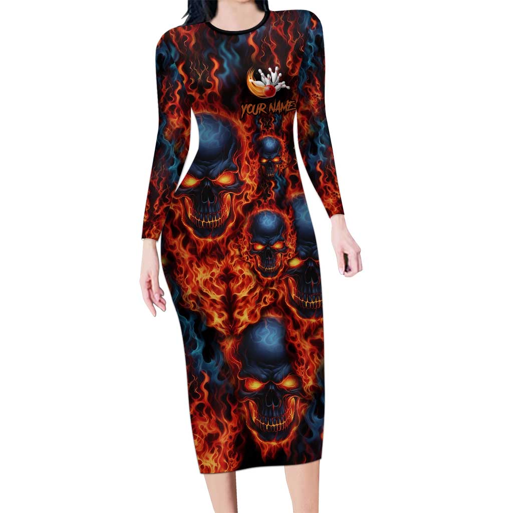 Custom Flaming Skull Bowling Family Matching Long Sleeve Bodycon Dress and Hawaiian Shirt with Fiery Pins and Intense Red Blue Flame Pattern - Wonder Print Shop