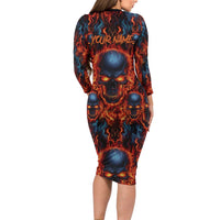 Custom Flaming Skull Bowling Family Matching Long Sleeve Bodycon Dress and Hawaiian Shirt with Fiery Pins and Intense Red Blue Flame Pattern - Wonder Print Shop