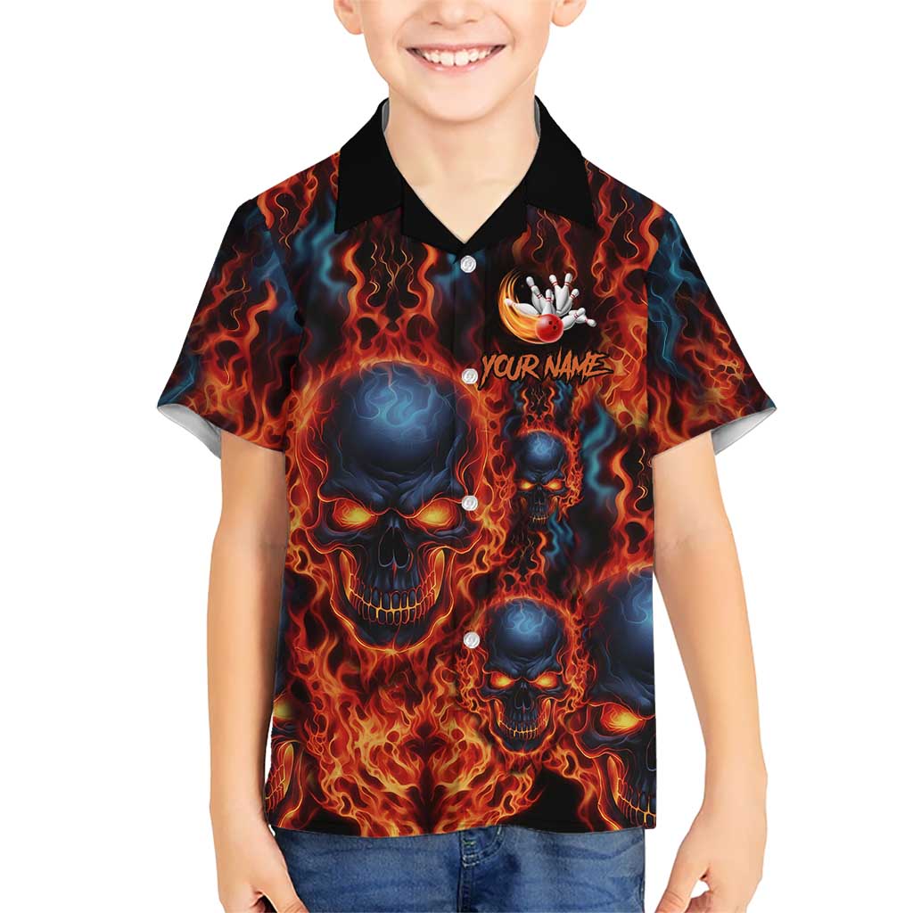 Custom Flaming Skull Bowling Family Matching Long Sleeve Bodycon Dress and Hawaiian Shirt with Fiery Pins and Intense Red Blue Flame Pattern - Wonder Print Shop