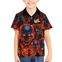 Custom Flaming Skull Bowling Family Matching Long Sleeve Bodycon Dress and Hawaiian Shirt with Fiery Pins and Intense Red Blue Flame Pattern - Wonder Print Shop