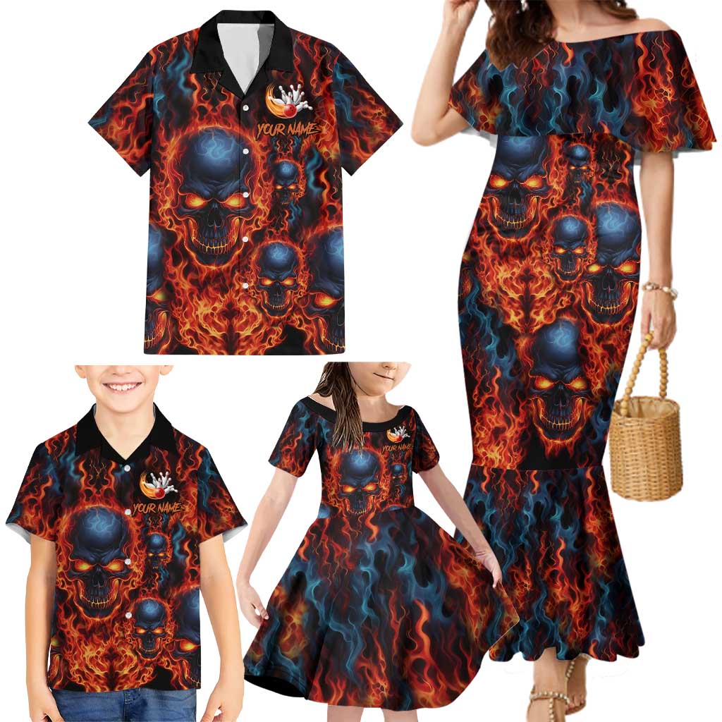 Custom Flaming Skull Bowling Family Matching Mermaid Dress and Hawaiian Shirt with Fiery Pins and Intense Red Blue Flame Pattern - Wonder Print Shop