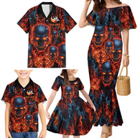 Custom Flaming Skull Bowling Family Matching Mermaid Dress and Hawaiian Shirt with Fiery Pins and Intense Red Blue Flame Pattern - Wonder Print Shop