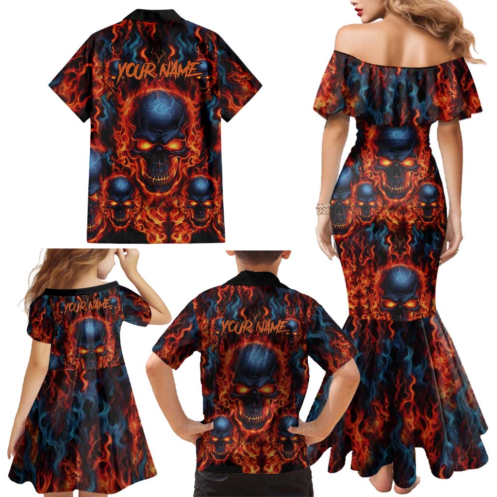Custom Flaming Skull Bowling Family Matching Mermaid Dress and Hawaiian Shirt with Fiery Pins and Intense Red Blue Flame Pattern - Wonder Print Shop