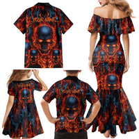 Custom Flaming Skull Bowling Family Matching Mermaid Dress and Hawaiian Shirt with Fiery Pins and Intense Red Blue Flame Pattern - Wonder Print Shop