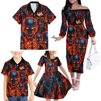 Custom Flaming Skull Bowling Family Matching Off The Shoulder Long Sleeve Dress and Hawaiian Shirt with Fiery Pins and Intense Red Blue Flame Pattern - Wonder Print Shop