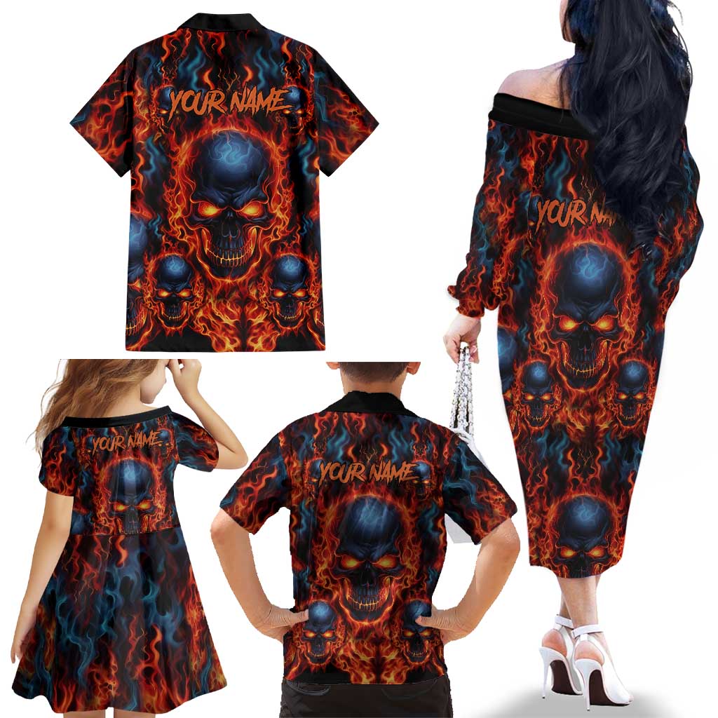 Custom Flaming Skull Bowling Family Matching Off The Shoulder Long Sleeve Dress and Hawaiian Shirt with Fiery Pins and Intense Red Blue Flame Pattern - Wonder Print Shop