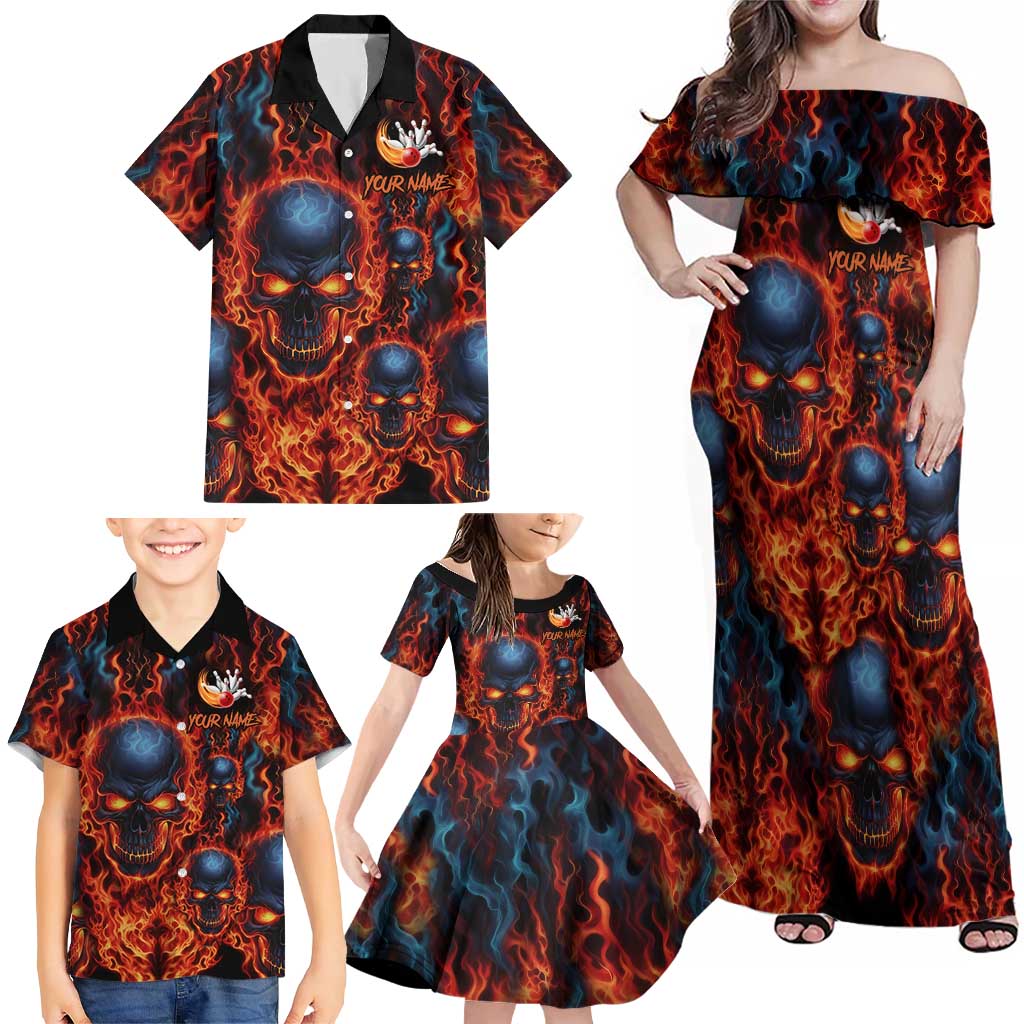 Custom Flaming Skull Bowling Family Matching Off Shoulder Maxi Dress and Hawaiian Shirt with Fiery Pins and Intense Red Blue Flame Pattern - Wonder Print Shop