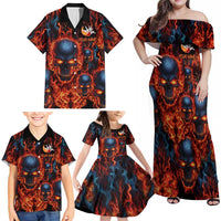 Custom Flaming Skull Bowling Family Matching Off Shoulder Maxi Dress and Hawaiian Shirt with Fiery Pins and Intense Red Blue Flame Pattern - Wonder Print Shop
