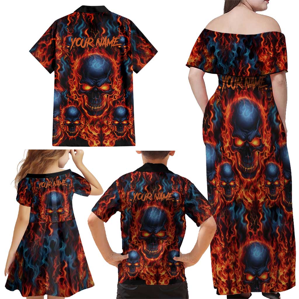 Custom Flaming Skull Bowling Family Matching Off Shoulder Maxi Dress and Hawaiian Shirt with Fiery Pins and Intense Red Blue Flame Pattern - Wonder Print Shop