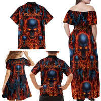 Custom Flaming Skull Bowling Family Matching Off Shoulder Maxi Dress and Hawaiian Shirt with Fiery Pins and Intense Red Blue Flame Pattern - Wonder Print Shop