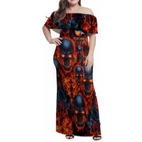 Custom Flaming Skull Bowling Family Matching Off Shoulder Maxi Dress and Hawaiian Shirt with Fiery Pins and Intense Red Blue Flame Pattern - Wonder Print Shop