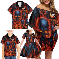 Custom Flaming Skull Bowling Family Matching Off Shoulder Short Dress and Hawaiian Shirt with Fiery Pins and Intense Red Blue Flame Pattern - Wonder Print Shop