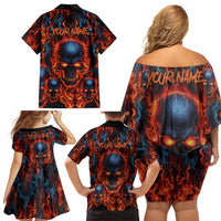 Custom Flaming Skull Bowling Family Matching Off Shoulder Short Dress and Hawaiian Shirt with Fiery Pins and Intense Red Blue Flame Pattern - Wonder Print Shop