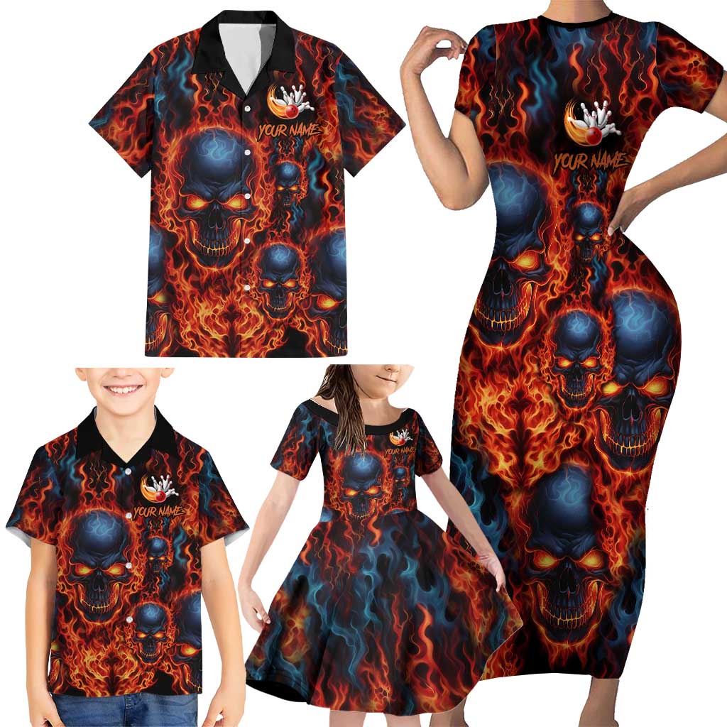 Custom Flaming Skull Bowling Family Matching Short Sleeve Bodycon Dress and Hawaiian Shirt with Fiery Pins and Intense Red Blue Flame Pattern - Wonder Print Shop