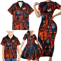 Custom Flaming Skull Bowling Family Matching Short Sleeve Bodycon Dress and Hawaiian Shirt with Fiery Pins and Intense Red Blue Flame Pattern - Wonder Print Shop