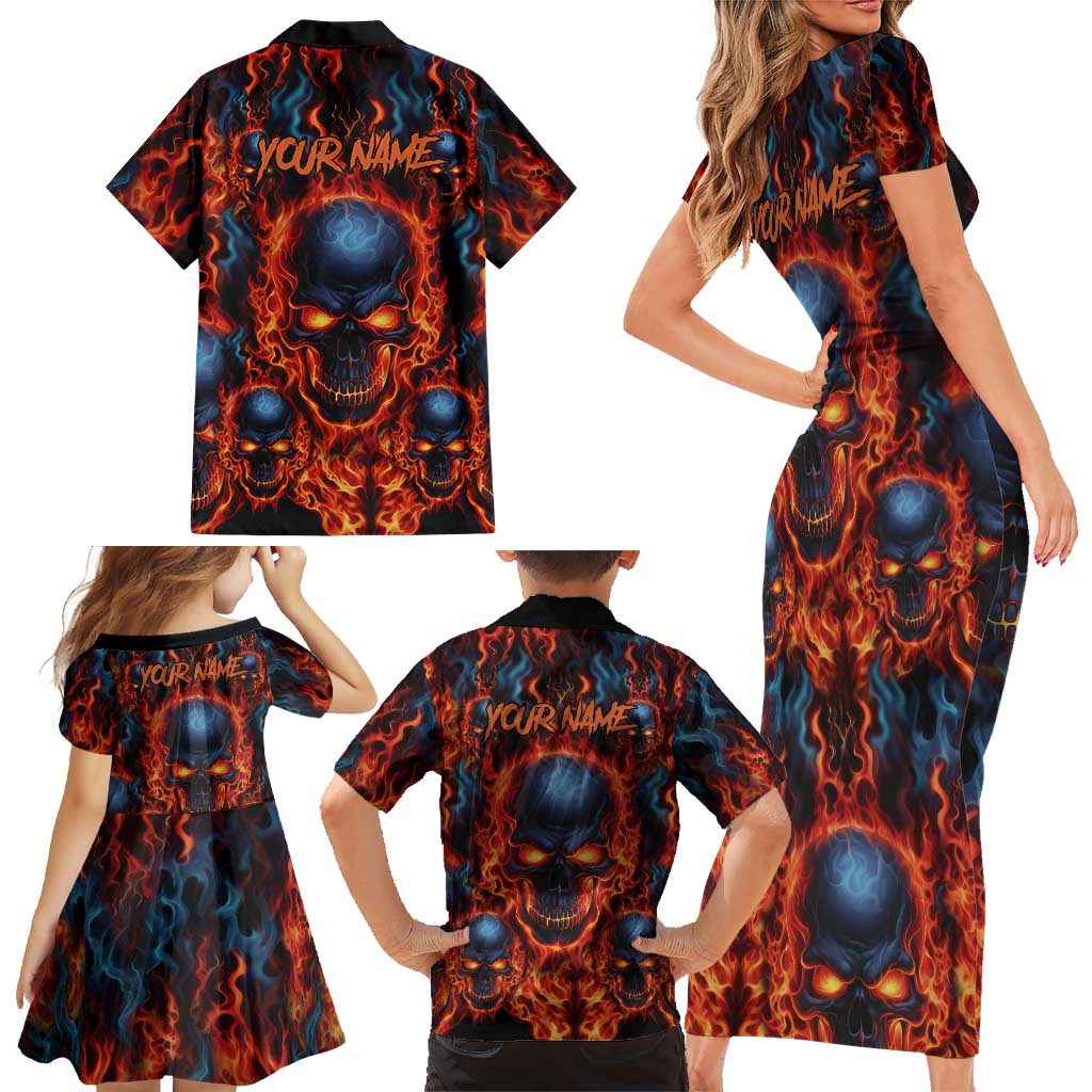 Custom Flaming Skull Bowling Family Matching Short Sleeve Bodycon Dress and Hawaiian Shirt with Fiery Pins and Intense Red Blue Flame Pattern - Wonder Print Shop