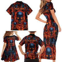 Custom Flaming Skull Bowling Family Matching Short Sleeve Bodycon Dress and Hawaiian Shirt with Fiery Pins and Intense Red Blue Flame Pattern - Wonder Print Shop