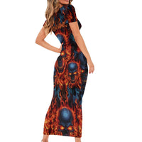 Custom Flaming Skull Bowling Family Matching Short Sleeve Bodycon Dress and Hawaiian Shirt with Fiery Pins and Intense Red Blue Flame Pattern - Wonder Print Shop