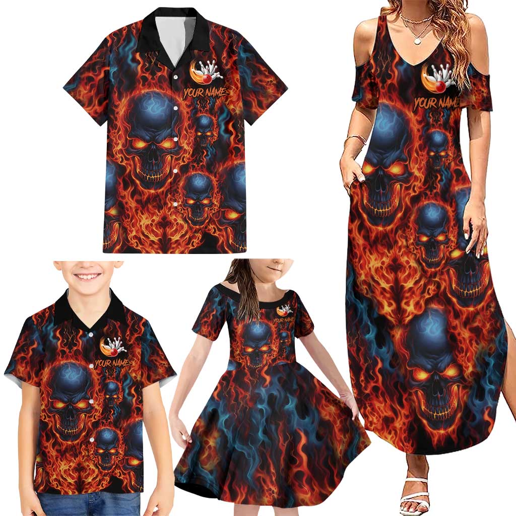 Custom Flaming Skull Bowling Family Matching Summer Maxi Dress and Hawaiian Shirt with Fiery Pins and Intense Red Blue Flame Pattern - Wonder Print Shop