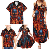 Custom Flaming Skull Bowling Family Matching Summer Maxi Dress and Hawaiian Shirt with Fiery Pins and Intense Red Blue Flame Pattern - Wonder Print Shop