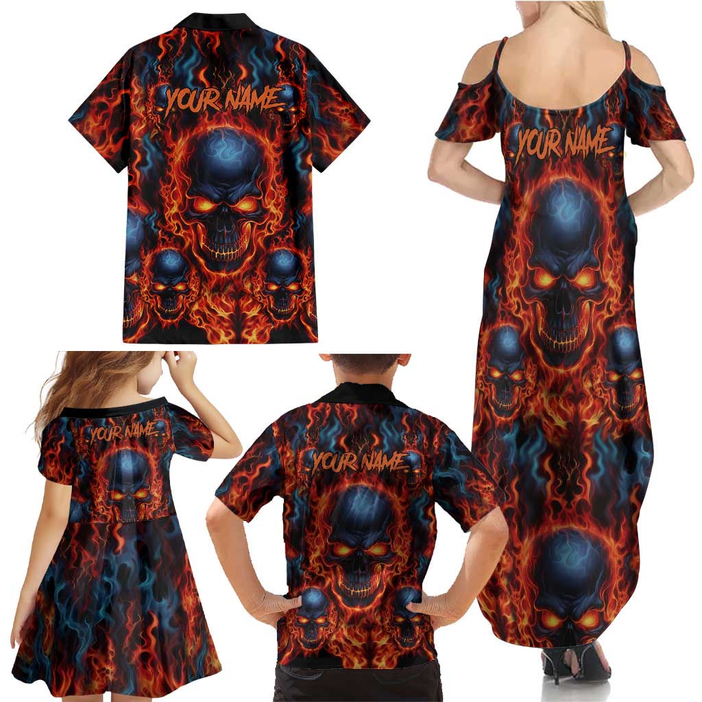 Custom Flaming Skull Bowling Family Matching Summer Maxi Dress and Hawaiian Shirt with Fiery Pins and Intense Red Blue Flame Pattern - Wonder Print Shop