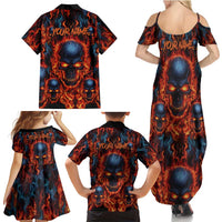 Custom Flaming Skull Bowling Family Matching Summer Maxi Dress and Hawaiian Shirt with Fiery Pins and Intense Red Blue Flame Pattern - Wonder Print Shop