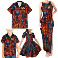 Custom Flaming Skull Bowling Family Matching Tank Maxi Dress and Hawaiian Shirt with Fiery Pins and Intense Red Blue Flame Pattern - Wonder Print Shop
