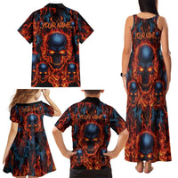 Custom Flaming Skull Bowling Family Matching Tank Maxi Dress and Hawaiian Shirt with Fiery Pins and Intense Red Blue Flame Pattern - Wonder Print Shop