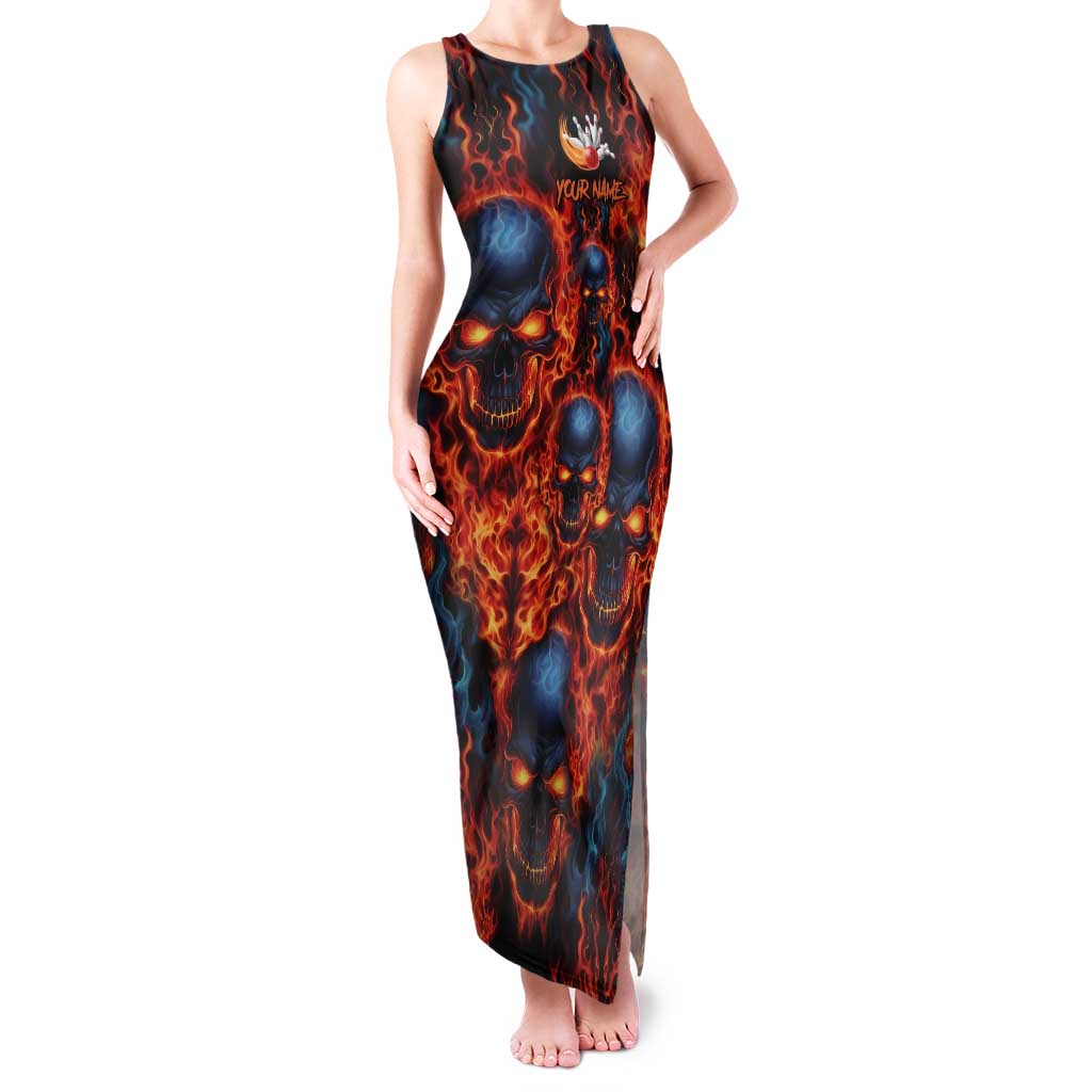 Custom Flaming Skull Bowling Family Matching Tank Maxi Dress and Hawaiian Shirt with Fiery Pins and Intense Red Blue Flame Pattern - Wonder Print Shop