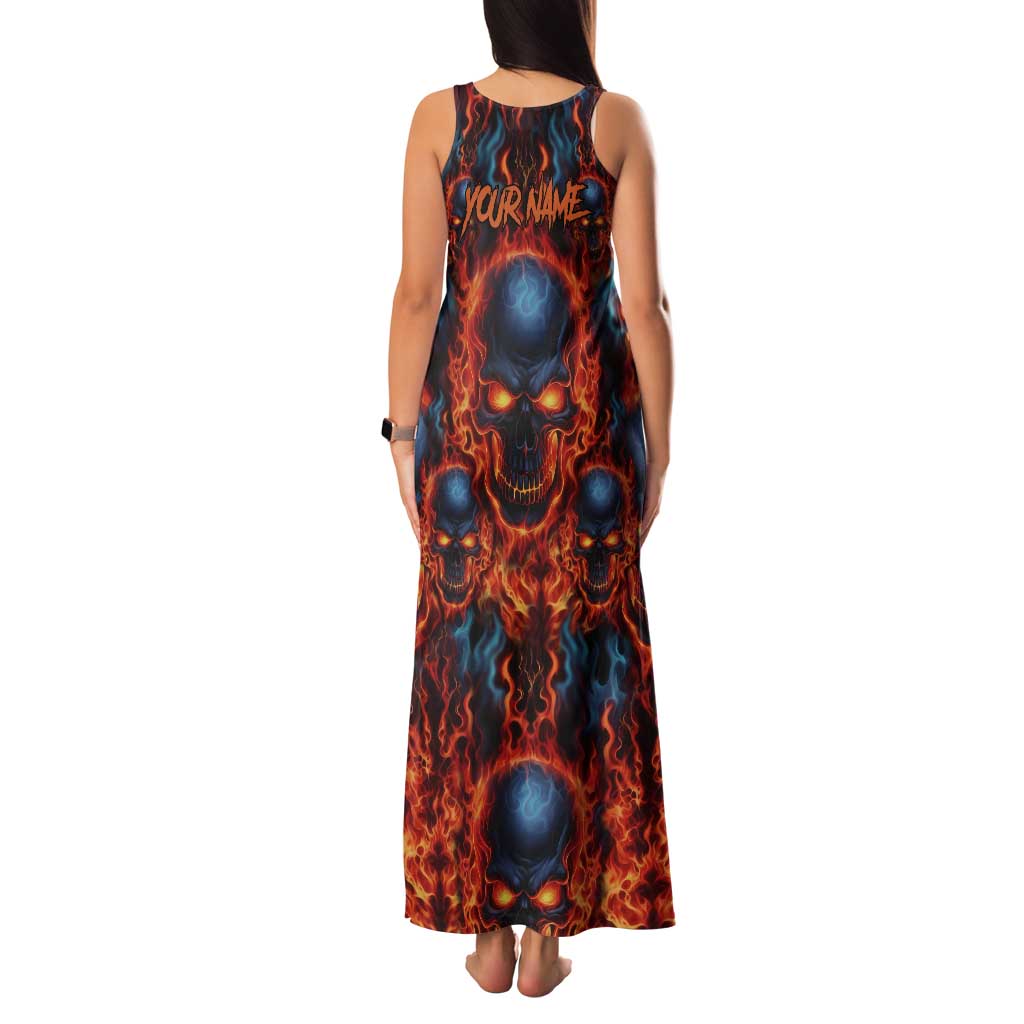 Custom Flaming Skull Bowling Family Matching Tank Maxi Dress and Hawaiian Shirt with Fiery Pins and Intense Red Blue Flame Pattern - Wonder Print Shop