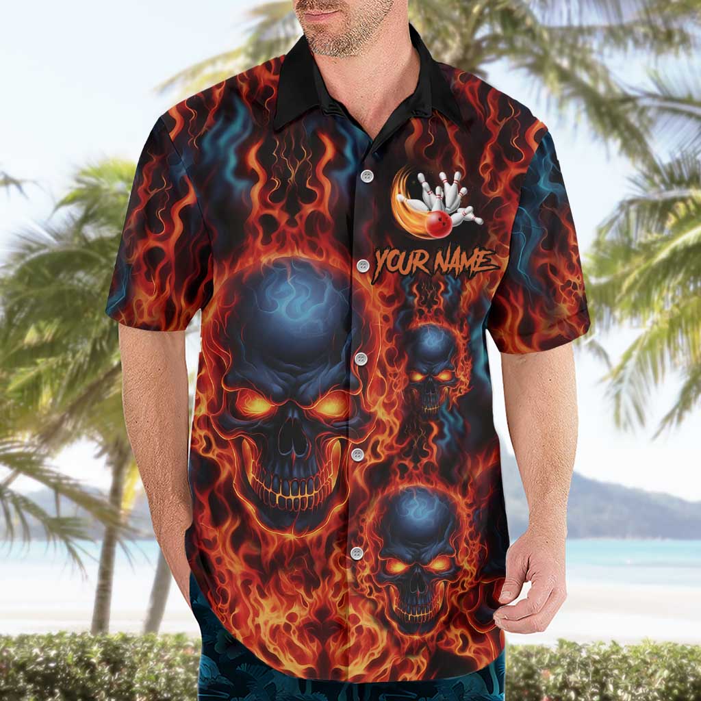 Custom Flaming Skull Bowling Hawaiian Shirt with Fiery Pins and Intense Red Blue Flame Pattern - Wonder Print Shop