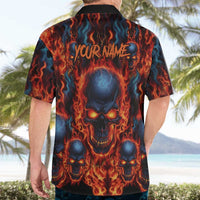 Custom Flaming Skull Bowling Hawaiian Shirt with Fiery Pins and Intense Red Blue Flame Pattern - Wonder Print Shop