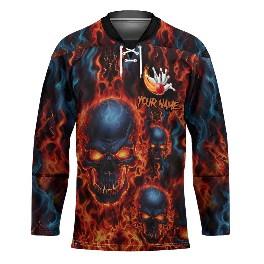 Custom Flaming Skull Bowling Hockey Jersey with Fiery Pins and Intense Red Blue Flame Pattern - Wonder Print Shop