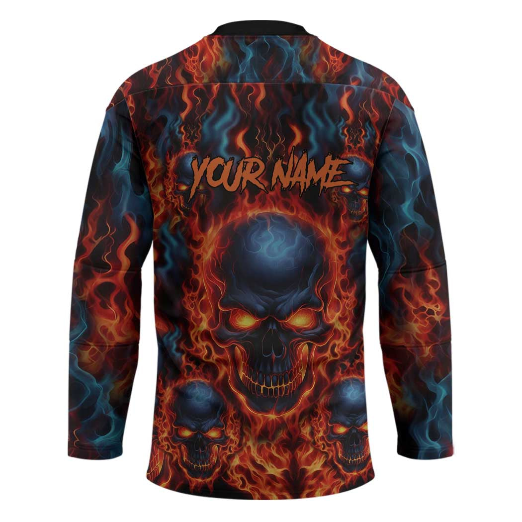 Custom Flaming Skull Bowling Hockey Jersey with Fiery Pins and Intense Red Blue Flame Pattern - Wonder Print Shop