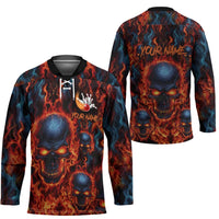 Custom Flaming Skull Bowling Hockey Jersey with Fiery Pins and Intense Red Blue Flame Pattern - Wonder Print Shop