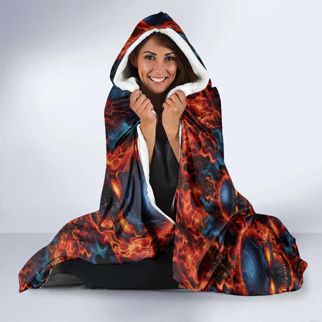Custom Flaming Skull Bowling Hooded Blanket with Fiery Pins and Intense Red Blue Flame Pattern - Wonder Print Shop