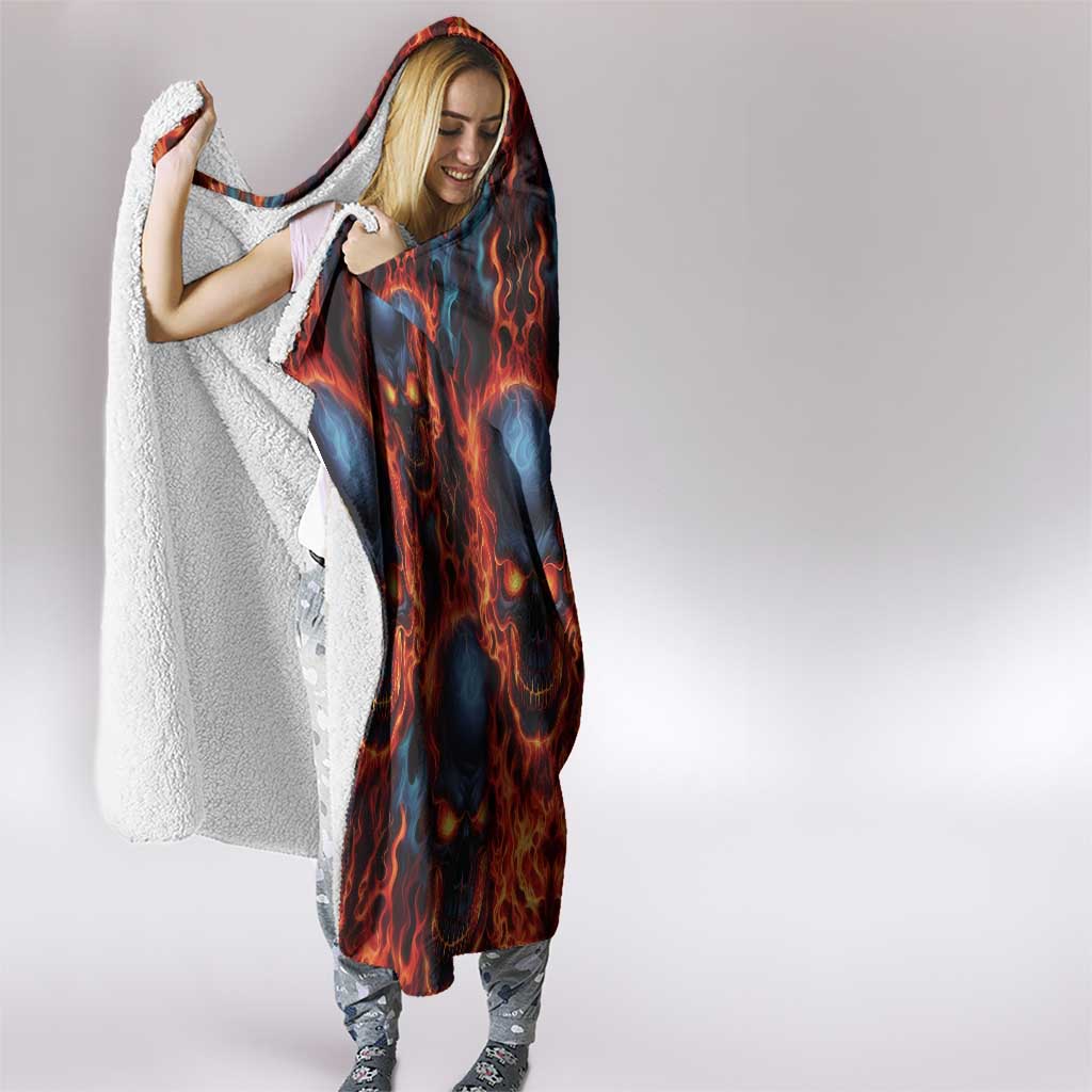 Custom Flaming Skull Bowling Hooded Blanket with Fiery Pins and Intense Red Blue Flame Pattern - Wonder Print Shop