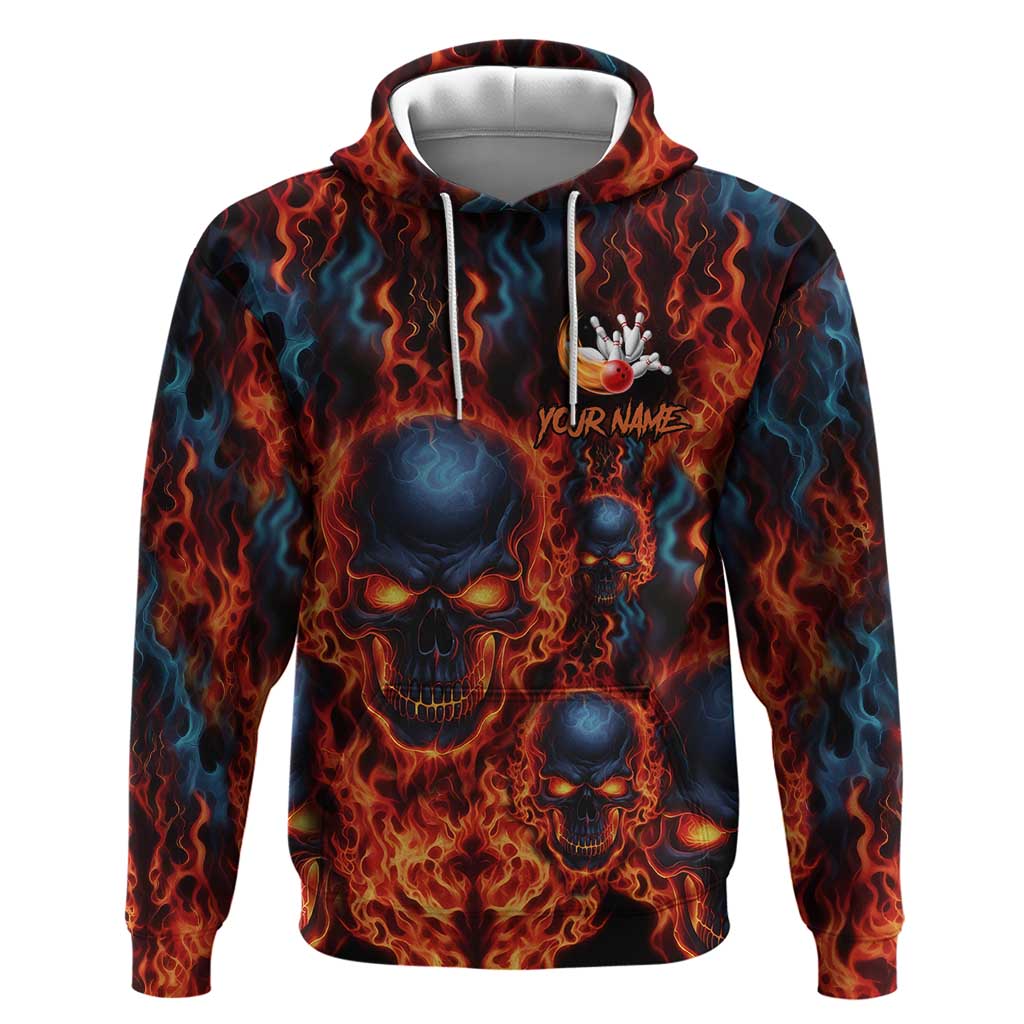 Custom Flaming Skull Bowling Hoodie with Fiery Pins and Intense Red Blue Flame Pattern - Wonder Print Shop