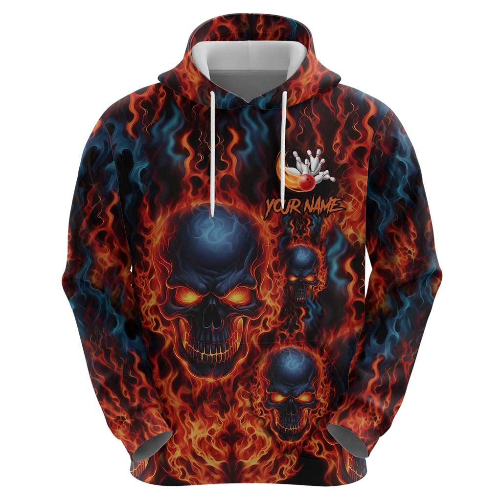 Custom Flaming Skull Bowling Hoodie with Fiery Pins and Intense Red Blue Flame Pattern - Wonder Print Shop