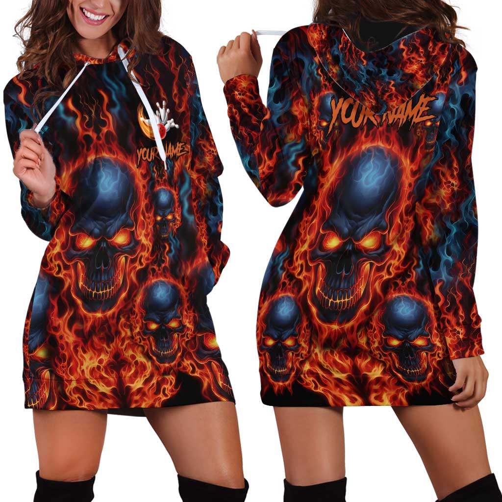 Custom Flaming Skull Bowling Hoodie Dress with Fiery Pins and Intense Red Blue Flame Pattern - Wonder Print Shop