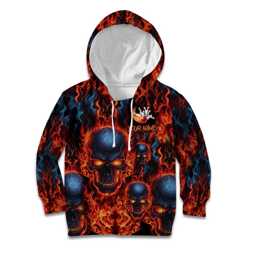 Custom Flaming Skull Bowling Kid Hoodie with Fiery Pins and Intense Red Blue Flame Pattern - Wonder Print Shop