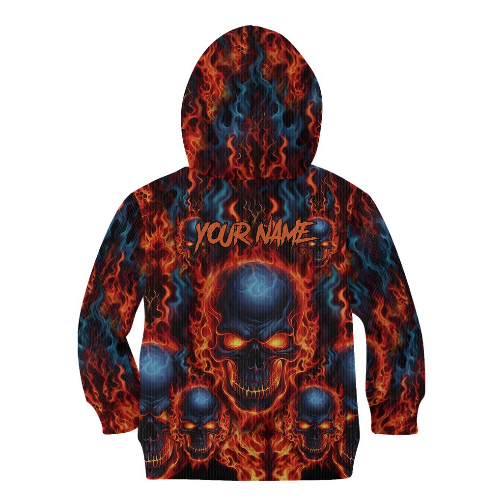 Custom Flaming Skull Bowling Kid Hoodie with Fiery Pins and Intense Red Blue Flame Pattern - Wonder Print Shop