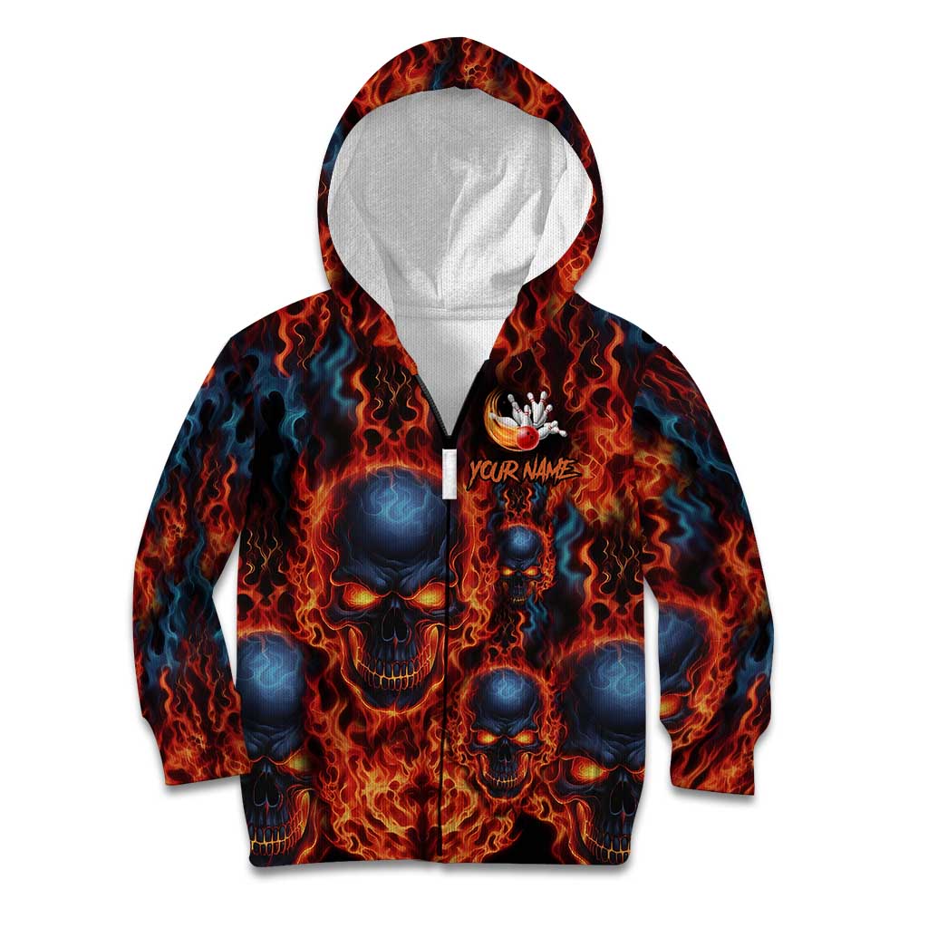 Custom Flaming Skull Bowling Kid Hoodie with Fiery Pins and Intense Red Blue Flame Pattern - Wonder Print Shop