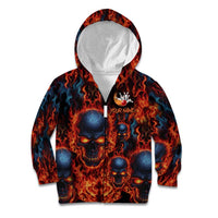 Custom Flaming Skull Bowling Kid Hoodie with Fiery Pins and Intense Red Blue Flame Pattern - Wonder Print Shop