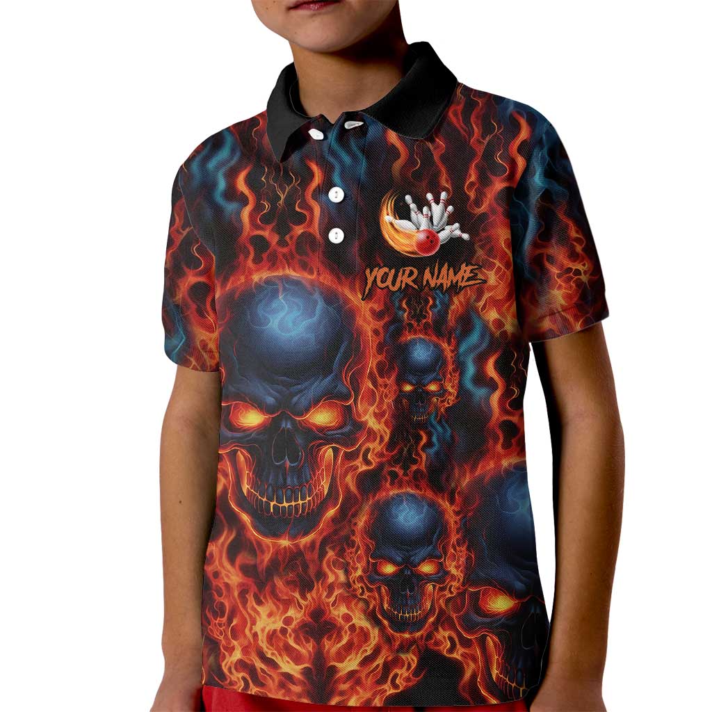 Custom Flaming Skull Bowling Kid Polo Shirt with Fiery Pins and Intense Red Blue Flame Pattern - Wonder Print Shop